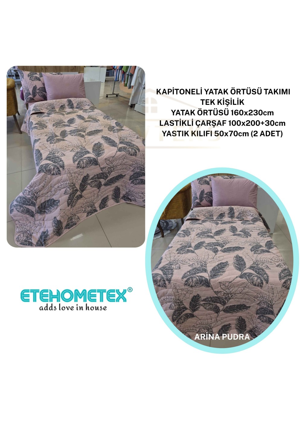 ETEHOMETEX Pamuklu Kapitoneli Yatak Örtüsü TAKIMI TEK KİŞİLİK ARİNA PUDRA 8696474232127